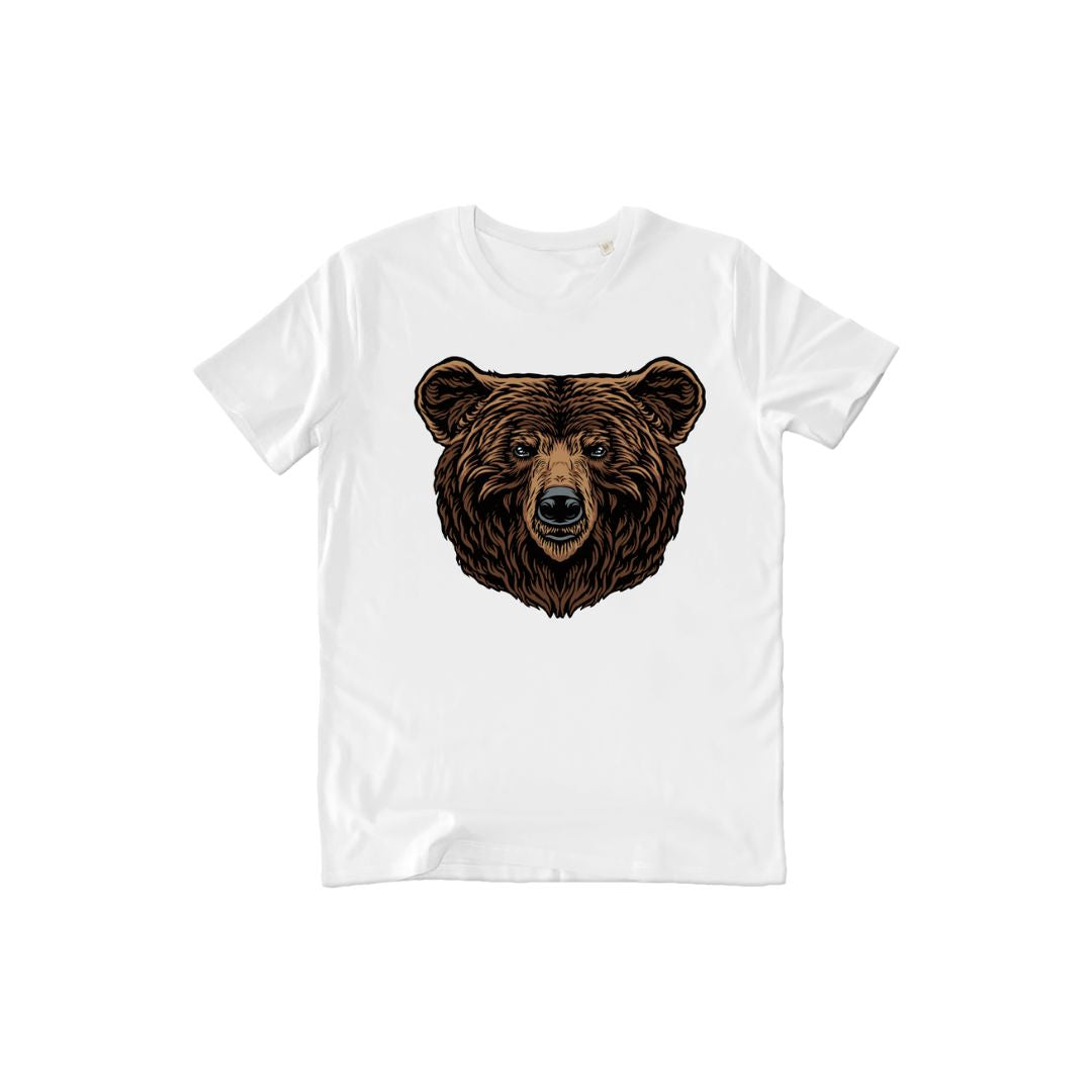 Una tshirt bianca con un disegno di un orso bruno